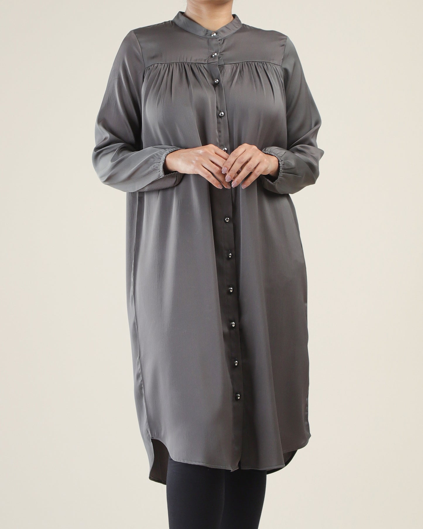 Grey Button-Down Tunic with Pleats