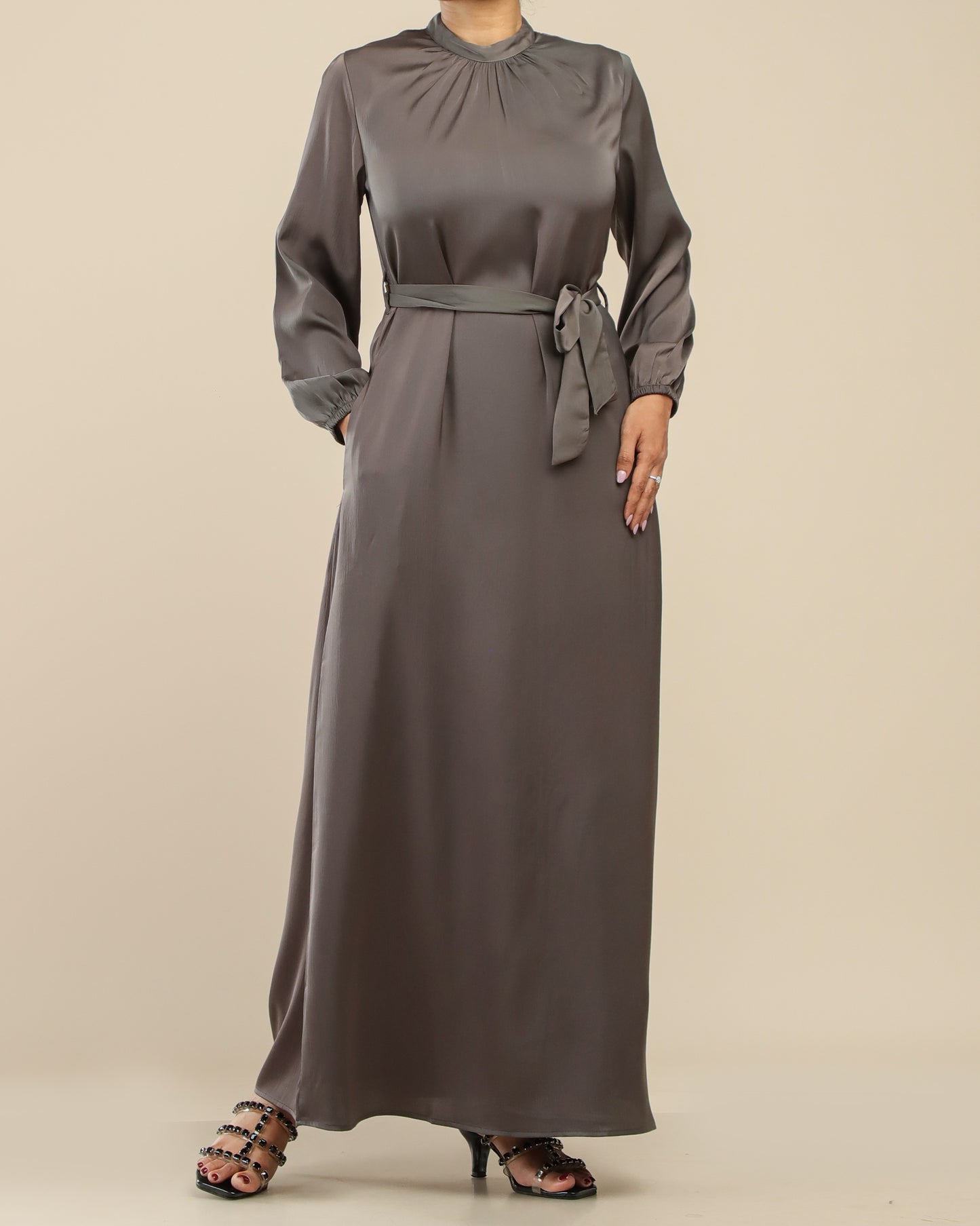 Satin Plain Maxi With Belt _Grey