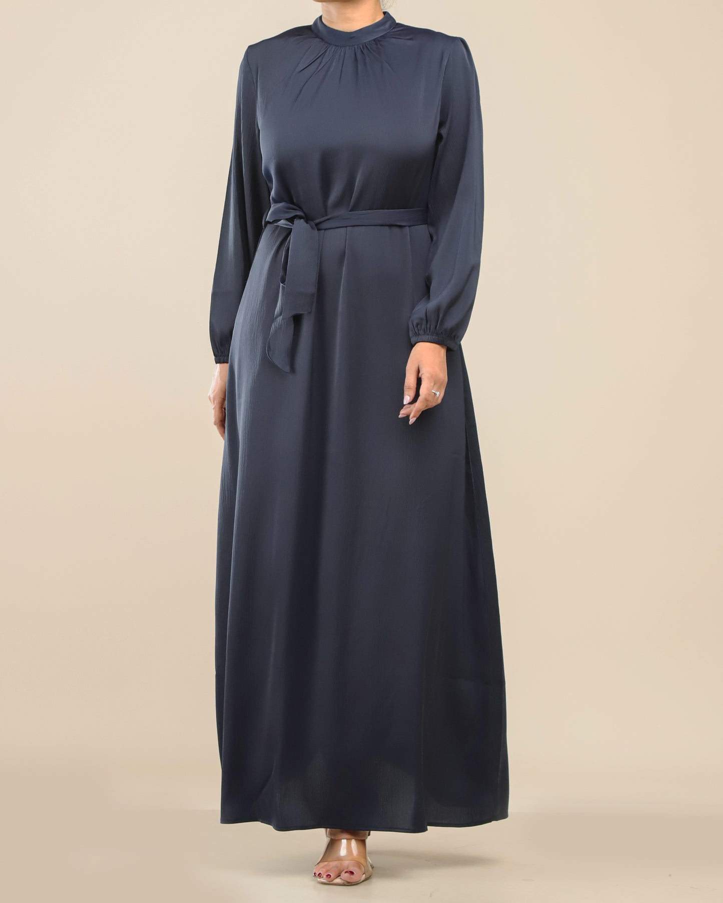 Satin Plain Maxi With Belt _Navy