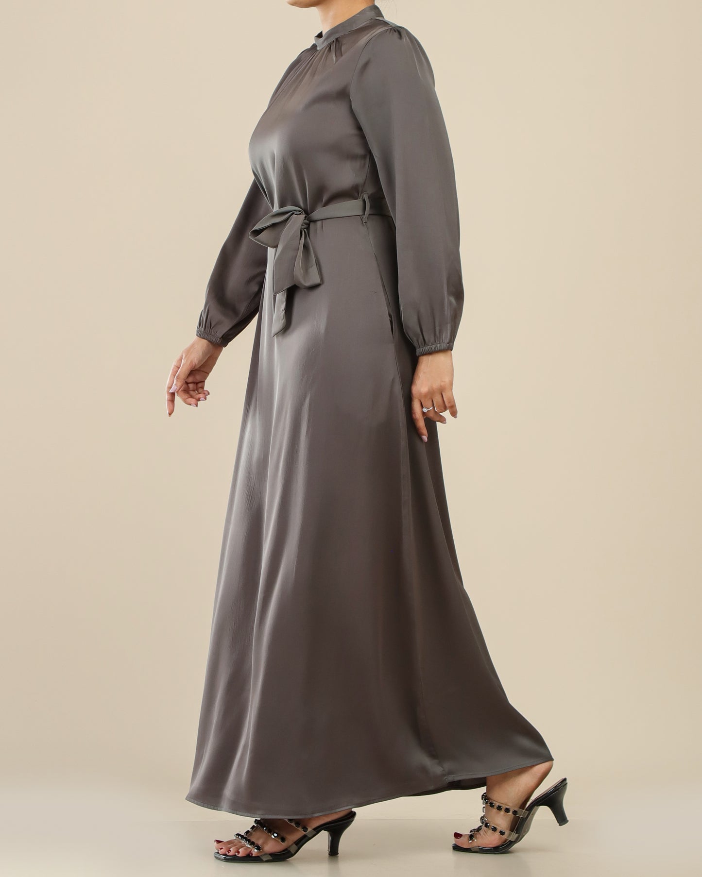 Satin Plain Maxi With Belt _Grey